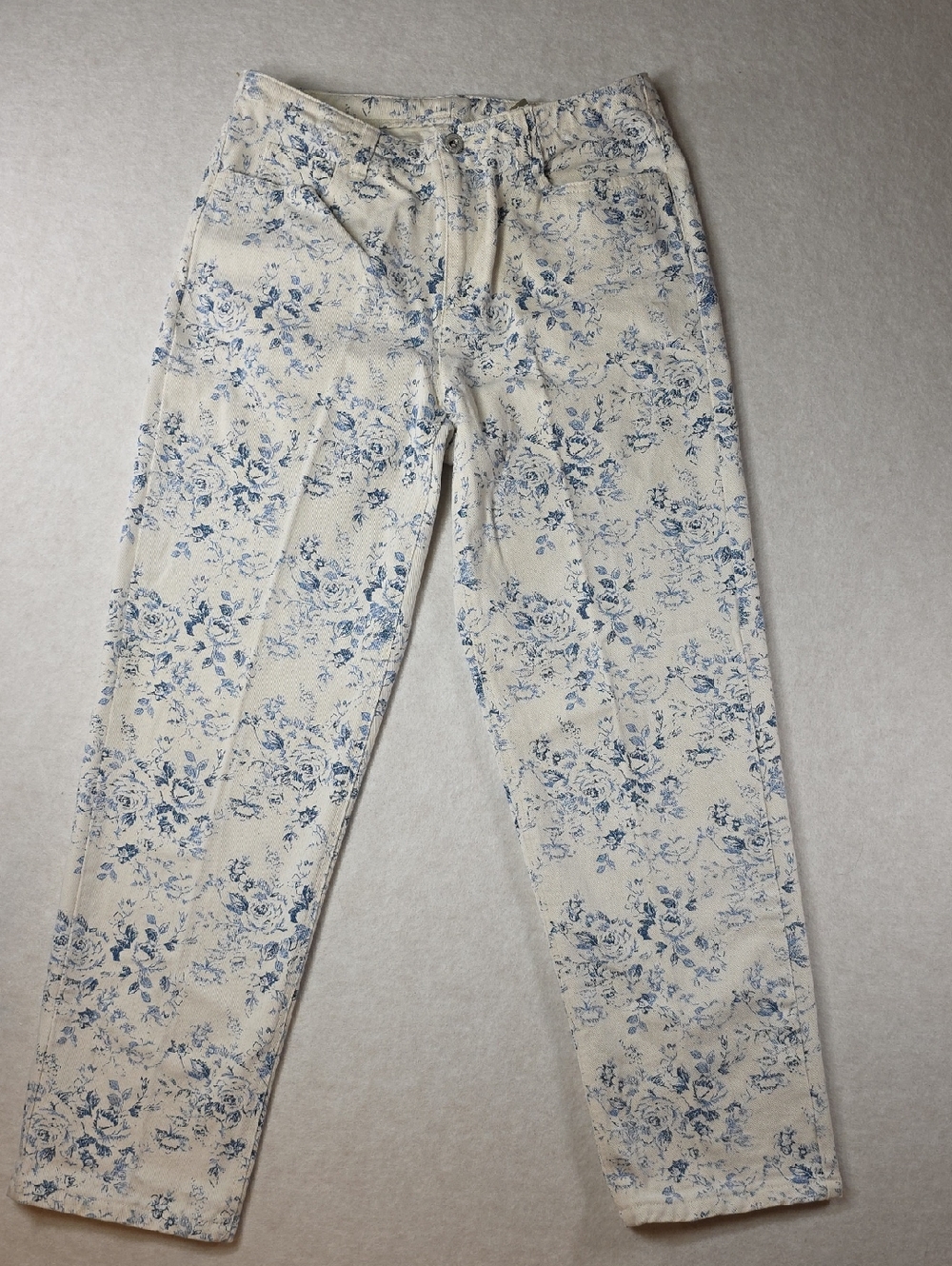 Lizwear Vintage Cream Blue Floral Toile Print Straight Leg Jeans 100% Cotton